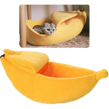 Yellow Banana Peel Cat Bed Soft Plush Cushion for Cats Kittens Small Dogs