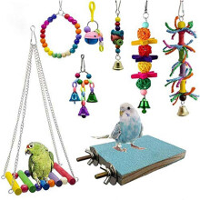 8pc Parrot Swing Hammock Perch Platform Wood Chew Bells for Conure Finch Mynah Lovebird Multicolor