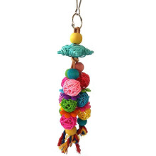 Colorful Parrot Chewing Toy 11In Wooden Beads Rattan Balls Hanging Hook Multicolor