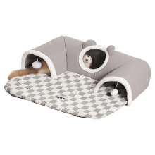 Interactive Cat Cave Tunnel Bed with 3 Holes & Orthopedic Mat for Indoor Cats