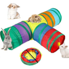Foldable 3-Way Pet Tunnel Hideout Peephole & Ball for Guinea Pigs Rabbits Ferrets Kittens