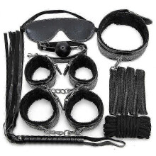 Kit de bondage en cuir 7 pièces pour adultes : menottes, fouets, bâillon, corde, collier, BDSM