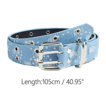 (One size, Blue) Punk Style Star Double-breasted Belt Denim HipHop Hollowed Buckle Belt; Pin C2I2