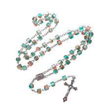 Malachite Green Beaded Cross Rosary Necklace Pendant - Unique Charm Room Decor Gift