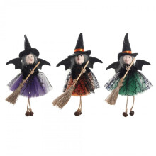 (Green) Halloween hanging decoration, witch holding a broom with a tulle skirt, scary prank toy