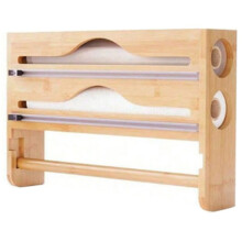 Bamboo 2 Compartment Cling Film Tin Foil Cutter Box with Kitchen Paper Wall Mounted Paper Towel Organizer