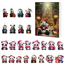 Christmas Advent Calendar with Santa Hats Christmas Tree Decorations Acrylic Xmas Tree Panda Pendant for Home Decor A