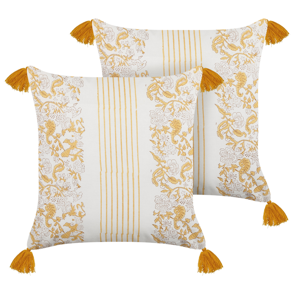 Photos - Sofa Beliani Set of 2 Decorative Cushions BILOBA Cotton 45 x 45 cm Yellow Floral Pattern White,Yellow 