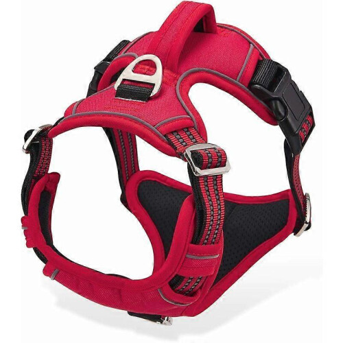 No-Pull Dog Harness, Adjustable Reflective Dog Harness with Breathable Handle, Red Model for Size M