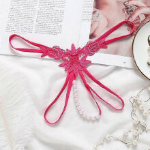 (1 Pcs, Rose red) Pearl G-String Crotchless Lingerie Panties