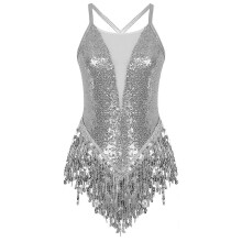 (Royal Blue C, M) Womens Adults Sequins Tassels Latin Dance Jumpsuit Figure Skating Bodysuit For Femme Gymnastics Leotard Performance Dancewear