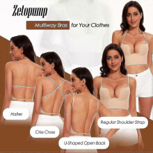 (36A, Nude) Plunge low back bras compatible with women - deep U convertible halter style