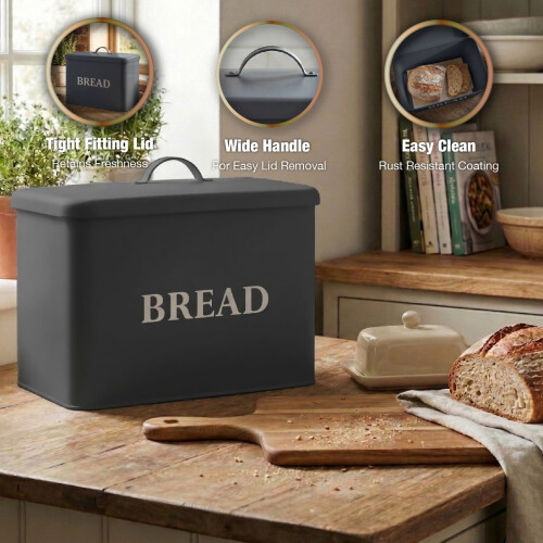 Large Grey Bread Bin For Kitchen Vintage Retro Metal Tin and Container with Lid 2