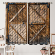 Farmhouse Barn Door Curtains Blue Grey Wooden Plank Rod