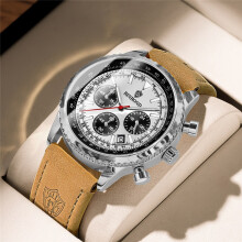 (Cowhide - White Steel - White Flour) Men’s Chronograph Watch, Leather Strap Analog Sports Wrist Watch with Date Display