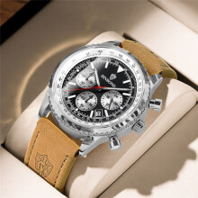 (Cowhide - White steel - Black surface) Men’s Chronograph Watch, Leather Strap Analog Sports Wrist Watch with Date Display