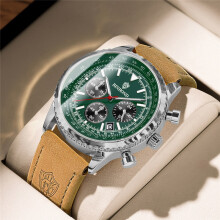 (Cowhide - White steel - Green surface) Men’s Chronograph Watch, Leather Strap Analog Sports Wrist Watch with Date Display