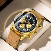 (Cowhide - Pure Gold - Black Face - Golden Nails) Men’s Chronograph Watch, Leather Strap Analog Sports Wrist Watch with Date Display