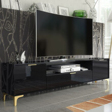 TV Unit TV Stand Cabinet Sideboard Black High Gloss Gold Accents Luxury 200cm