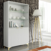 Display Cabinet Bookcase Sideboard Storage White Matt Gold Glass Shelves 175cm