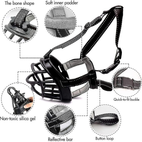 (Reflective black, XL) Soft Basket Dog Muzzle Secure Comfortable Fit Prevents Biting Chewing Barking 2