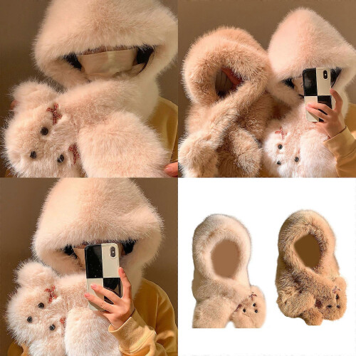 (brown) Women's Beige Soft Plush Dog Pattern Hat Thicken Winter Outdoor 1