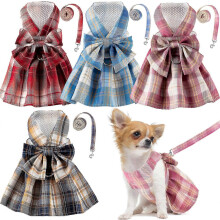 (Dark Color, XS) 4Pcs Plaid Dog Dress Bowtie Harness Leash Set Small Dogs Cute Summer Wear Girl Puppy