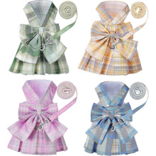 (Light Color, Medium) 4Pcs Plaid Dog Dress Bowtie Harness Leash Set Small Dogs Cute Summer Wear Girl Puppy