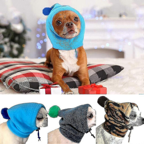 (Blue, M) Dog Fleece Winter Warm Hat with Ear Protection Solid Color Drawstring 1