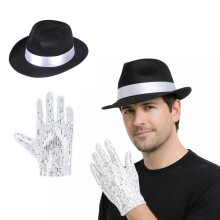 Black Fedora Style Costume Hat For Adults, White Straps, Sequin Glove Set, Unisex Costume Party Accessories, Halloween Christmas