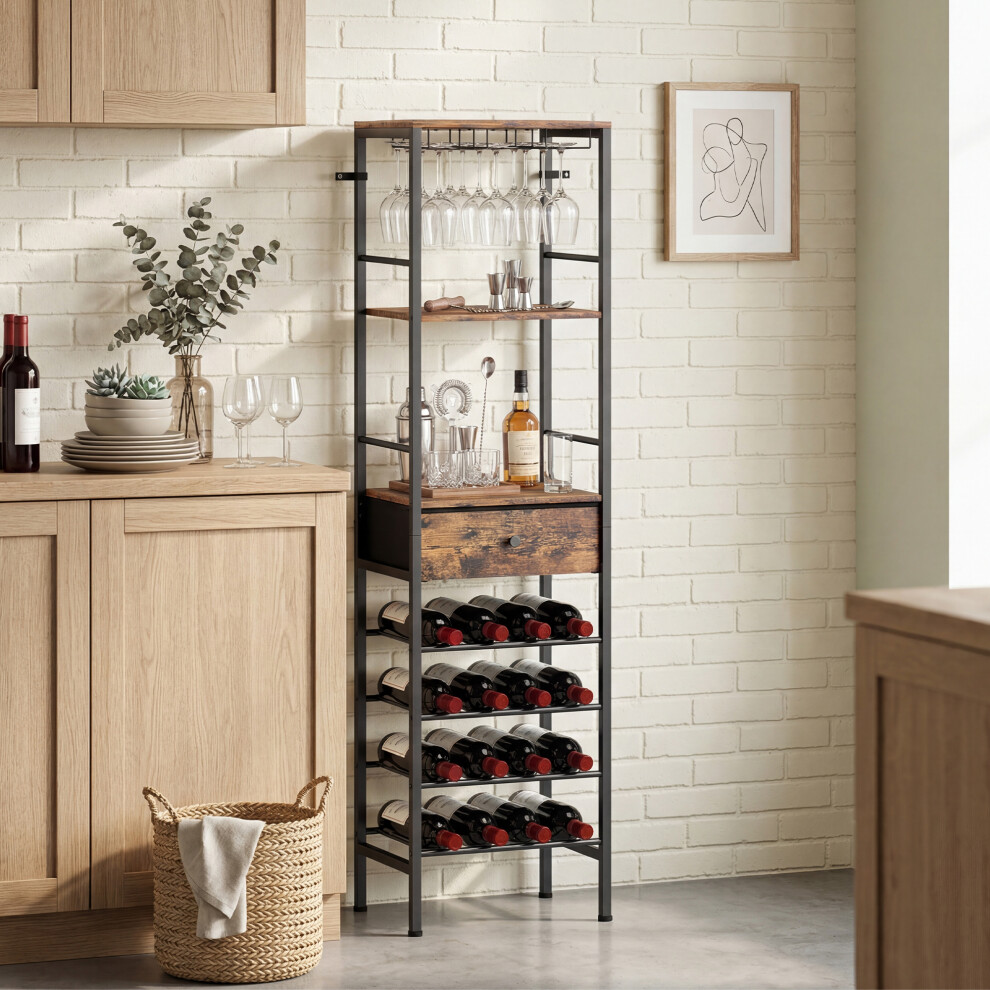 Homcom Industrial Wine Bar Cabinet 16-Bottle Wine Rack, Drawer Rustic Brown