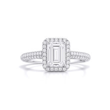 (N) Jewelco London Ladies Rhodium Plated Sterling Silver Emerald CZ Shoulder Set Rectangular Halo Engagement Ring - GVR929