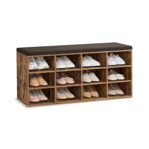 Storage Bench - Engineered Wood - Rustic Brown - Padded Seat with 12 Compartments