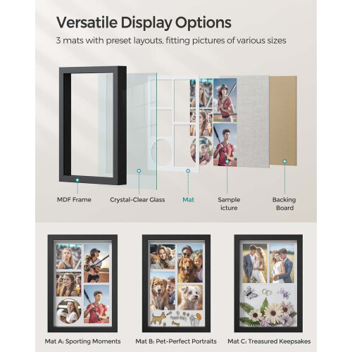 A4 Collage Picture Frame - Wood - Black - Includes 6 Mats and Shadow Box with Push Pins 2