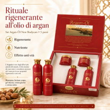 Set Cura del Corpo 5 Pezzi con Olio di Argan – Linea Rigenerante Anti-Age con Shampoo, Lozione Corpo, Gel Doccia, Crema Giorno e C