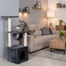 Rascador para gatos con cama, 94 cm, gris, multinivel