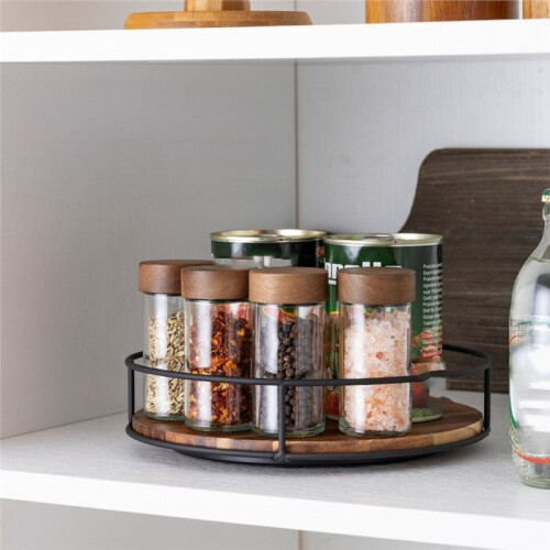 Kitchen Solid Wood Storage Rack Steel Round Organizer Desktop Spice Bottle Jar Turntable Rotating Makeup Tray 2