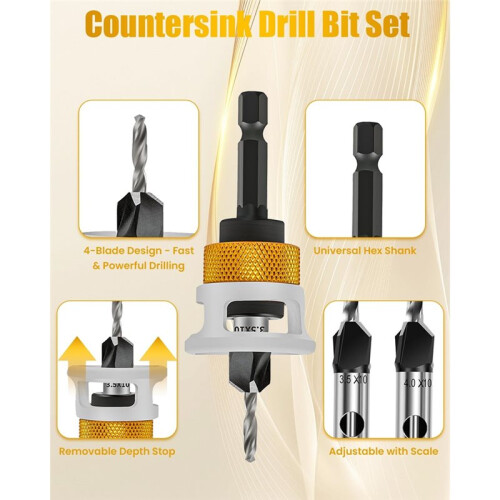 7 Pcs Countersink Drill Bit Set ,Countersink Bits with Low Friction Depth Stop, Adjustable Wood Countersink Bit Set