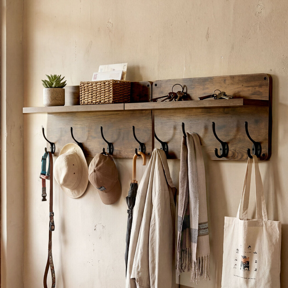 Levede Wall Coat Rack 2 Pcs 8 Hooks Wall Mounted Heavy Duty Wooden Organiser - Image 2
