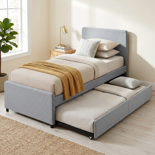 Homcom HOMCOM 90 x 190 cm Upholstered Single Bed, Pull Out Trundle Bed, Light Grey