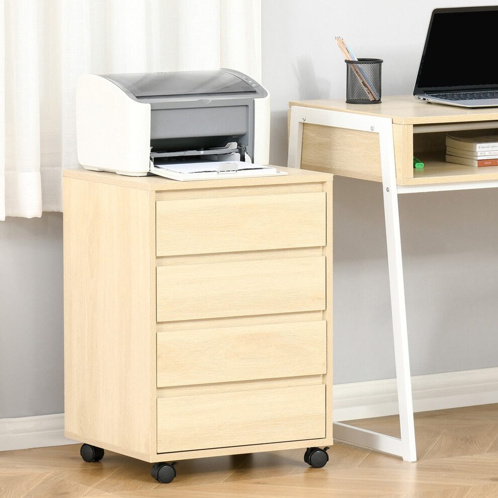 Homcom Mobile Vertical Filing Cabinet With 4 Drawers For Home, Natural