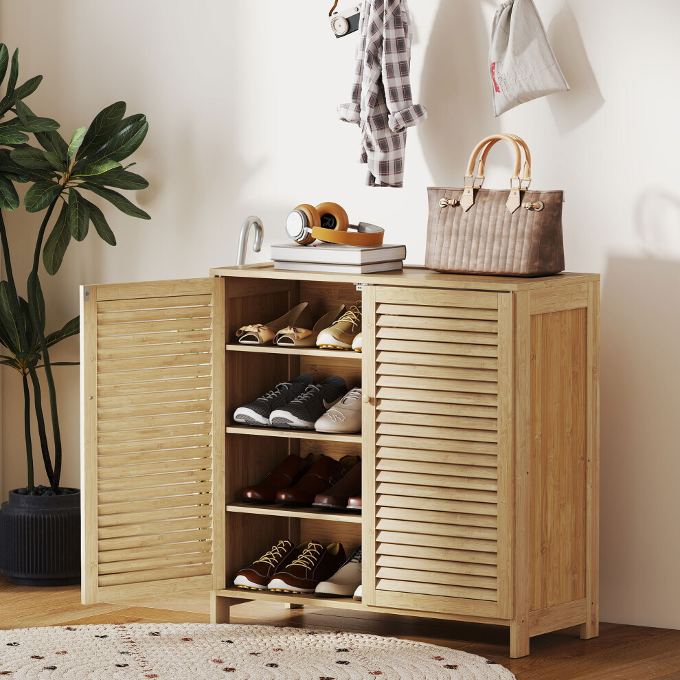 Homcom Bamboo Shoe Cabinet With Louvered Doors Shoe Storage Cabinet - 80 X 35 X 80 Cm - Image 4