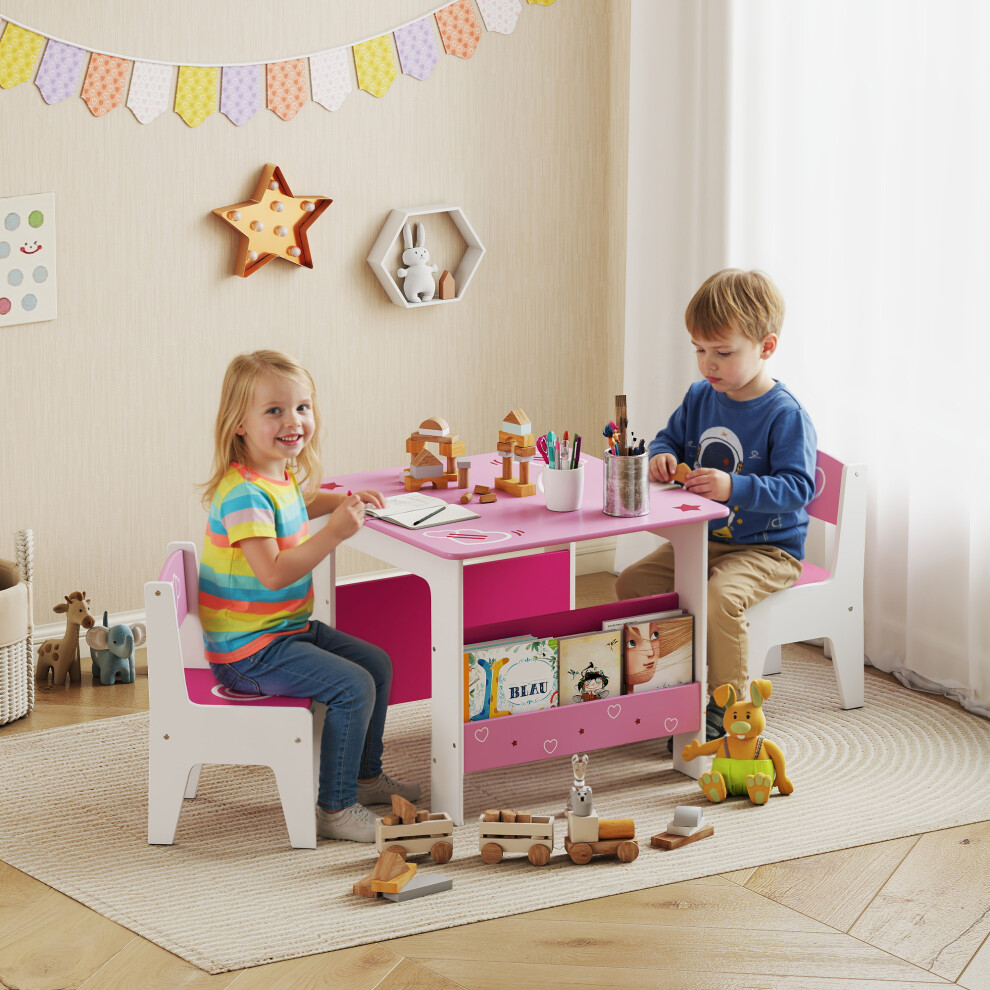 Aiyaplay 3 Pieces Kids Table And Chair Set With Bookshelves, Pink