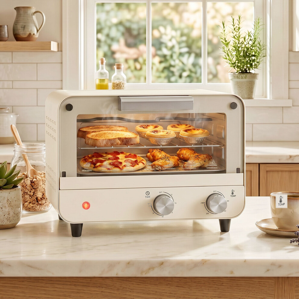 Homcom Mini Countertop Oven With Glass Door And Timer, Cream White