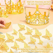 Gold Crowns for Flower Bouquet Accessories, 4 Pcs Cake Crown Topper, 12 Pcs Butterfly Decorations and 50 Pcs Flower Pins