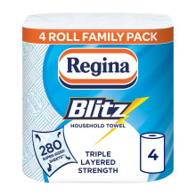 Regina Blitz Household Towels – 4 Triple Layered Rolls, 70 Sheets Per Roll, Paper Packaging, FSC Certified Paper, Recyclable Packaging