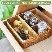 Wicker Basket 4-Section Tea Bag Sugar Packet Holder Seagrass Woven Divided Organizer for Coffee Station Pantry