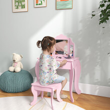 HOMCOM Makeup Dressing Table Set with Tri-Folding Mirror and Drawer, Pink