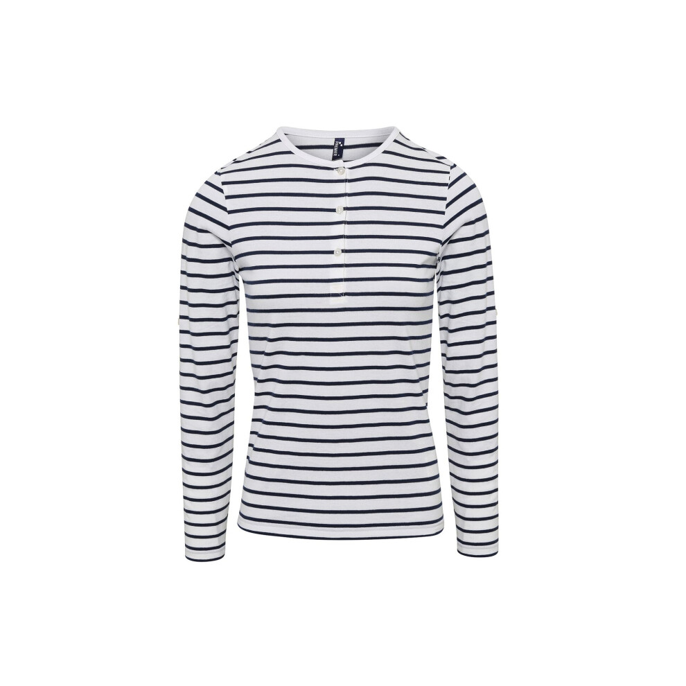 Premier Unisex Womens/Ladies Long John Roll Sleeve Tee (White/Navy) - Size X-Small - Image 2