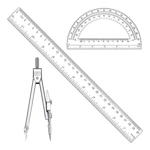 Conjunto de Geometria de 3 Peças: Régua de 12 Polegadas, Transferidor Transparente e Compasso de Aço Inoxidável para Escola e Escritório